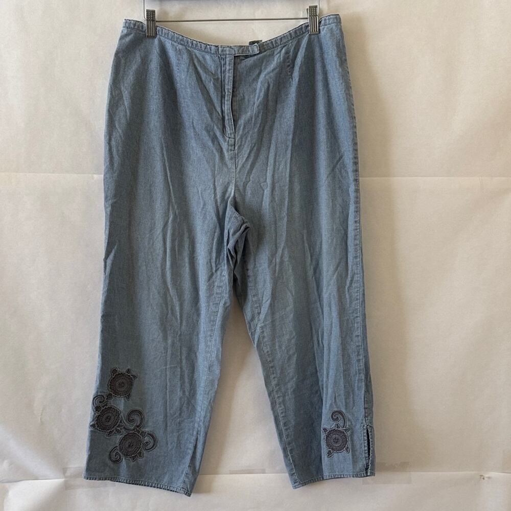 Norton Studio Embroidered Chambray Pants Size 14 High Rise Cropped Denim Coastal